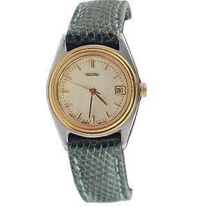 Seiko Ladies Quartz Watch 6" Green Crocodile Leather Band 24mm Day Window VTG